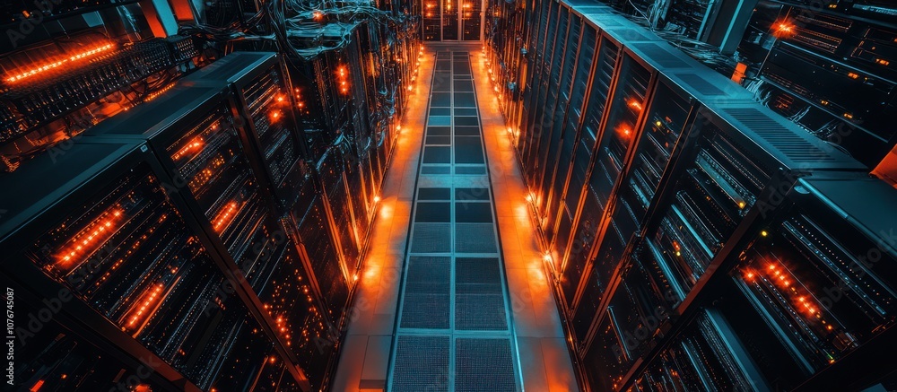 Aufkleber a long narrow hallway of servers lined with rows of blinking lights in a data center.