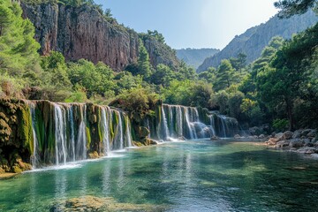 Cascading Waterfall in a Lush Green Canyon