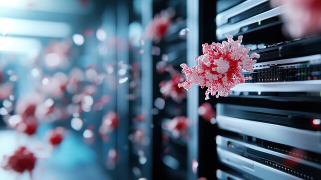 An abstract artistic portrayal showing viruses floating within a server room, visually encapsulating the concept of digital threats in a networked environment.