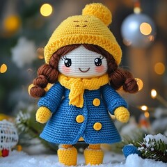 amigurumi doll in blue coat and yellow hat