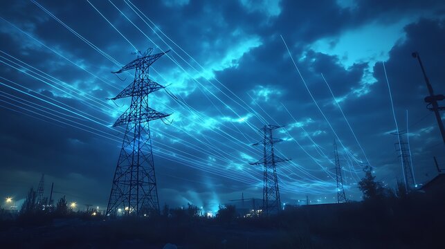 Photo of an electrical grid with blue laser light, electricity line connection with neon glowing background