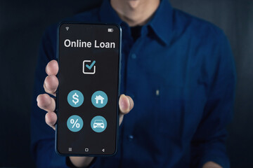 Man holding a smartphone with online loan application on screen. Financial lending by mobile...
