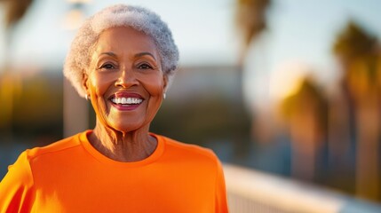 An elderly woman elegantly clad in orange stands by an urban park area, against a backdrop of blurred buildings and trees, radiating warmth and grace.