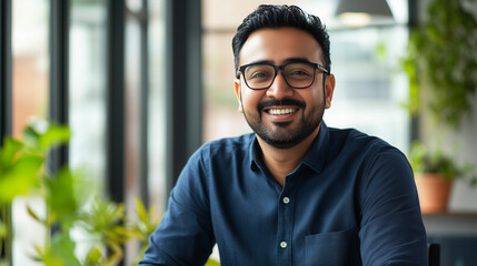 Obraz premium Smiling man in a blue shirt sitting at a modern coffee shop with plants in daylight