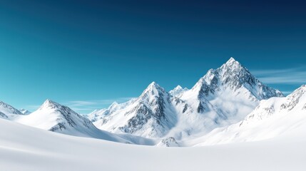 Obraz premium A breathtaking landscape of snow-laden peaks casting long shadows under a cloudless sky, conveying solitude and the sheer beauty of untouched wilderness.