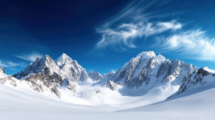 Obraz premium This image showcases striking snow-capped mountains bordered by delicate, wispy clouds against a clear sky, evoking a sense of calm and timeless beauty.