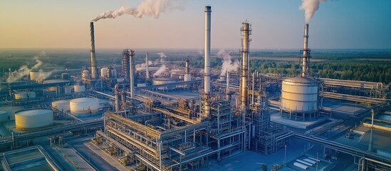 Fototapeta premium An aerial view of an industrial complex with tall smokestacks emitting smoke.