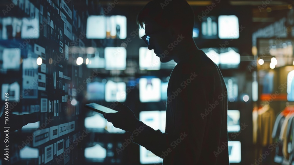 Poster silhouette of a person using a tablet in a modern technology store with digital screens