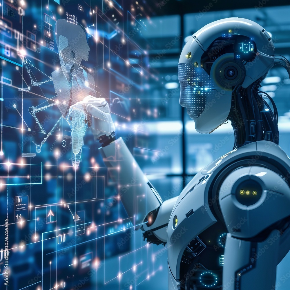 Poster a robot is touching a screen with a button
