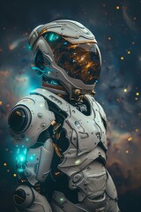 Fototapeta premium Futuristic Space Suit with Glowing Elements Against a Cosmic Background in a Sci-Fi Setting