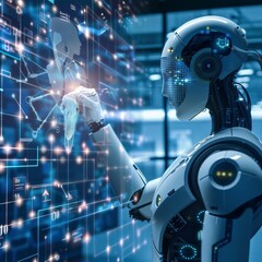 A robot is touching a screen with a button