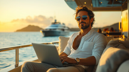 Successful businessman works on his laptop while enjoying a sunset cruise on his private yacht, blending work and leisure seamlessly