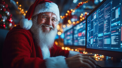 Santa claus wearing a red costume and glasses is smiling and working on a computer in his high-tech control center with christmas lights and tree in the background