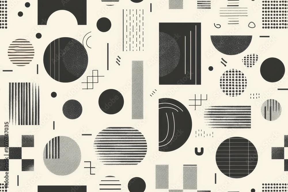Aufkleber abstract seamless pattern featuring a mix of geometric shapes including circles, rectangles, lines, 