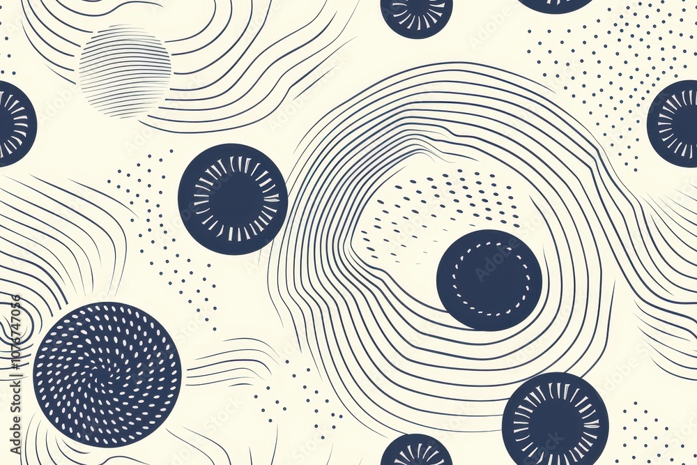 Poster seamless minimal pattern featuring abstract circular designs and flowing lines in a soft color palet