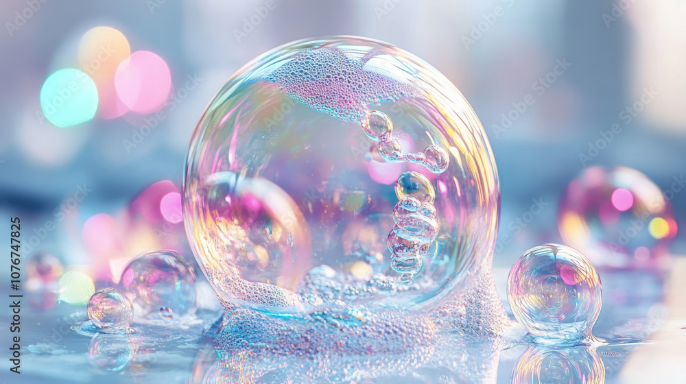 Poster a colorful close-up of soap bubbles reflecting light, showcasing their translucent surfaces and surr