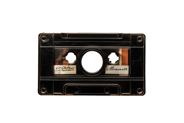 Fototapeta premium Classic cassette tape close-up with a slightly worn look, visible details on label, isolated on a black background.