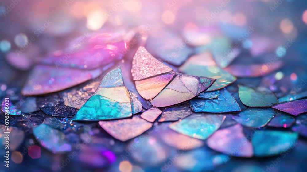 Poster a close-up view of iridescent, fragmented surfaces reflecting light, creating a colorful and shimmer