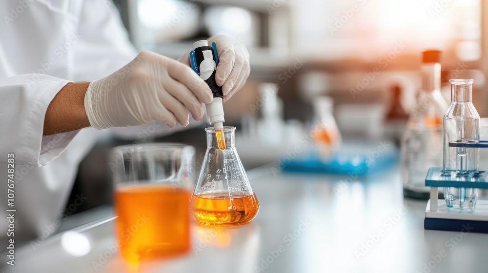 Poster a scientist in a laboratory setting carefully conducting an experiment using a pipette and beaker fi