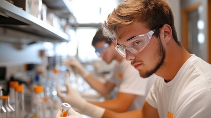 Obraz premium Young scientists engaged in focused laboratory work, wearing safety goggles, as they conduct vital scientific experiments in a well-equipped research facility.
