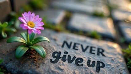 A vibrant pink flower grows through a stone path, accompanied by a stone engraved with the words Never give up. This scene captures a moment of perseverance and beauty in a tranquil outdoor environmen