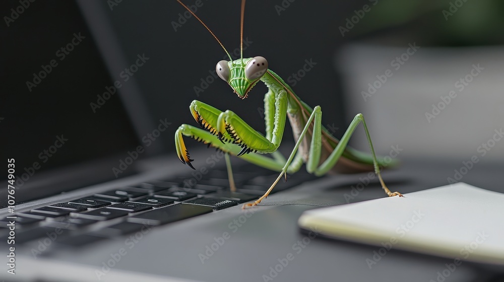 Poster a praying mantis typing on a laptop keyboard with its front legs while sitting on a desk surrounded 