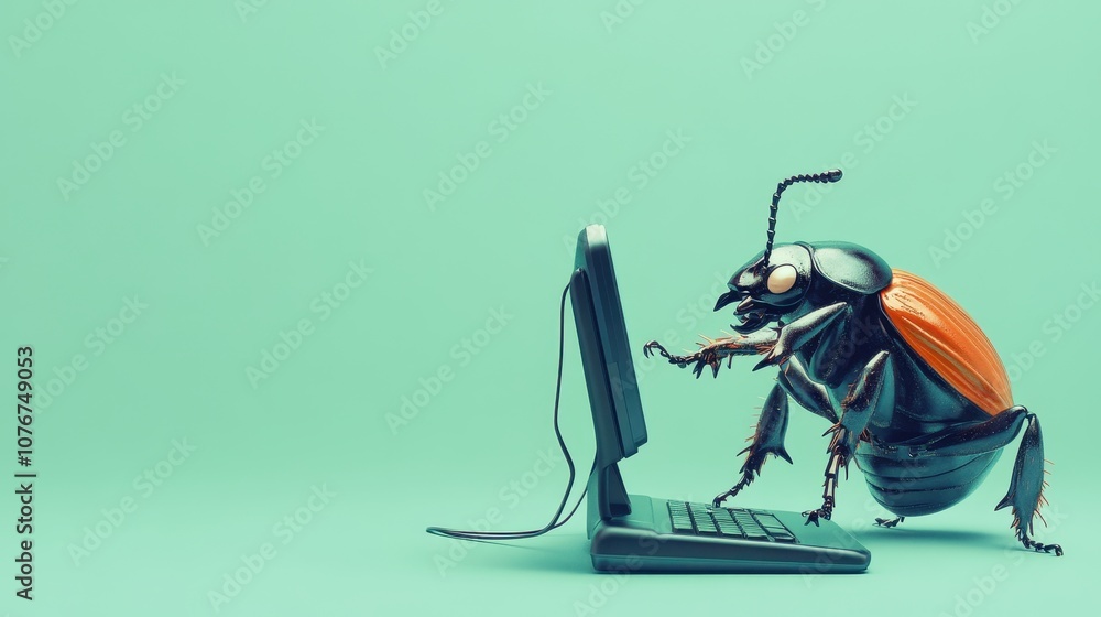 Poster a whimsical beetle engaged in a playful balancing act on a computer keyboard against a soft mint bac