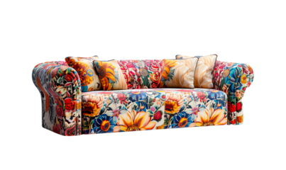 Boho sofa on flower pattern set isolated on a transparent background.