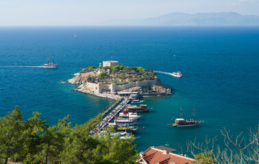 A midday view of Pigeon Island in Kusadasi.  Kusadasi is a popular tourist centre on the Aegean...