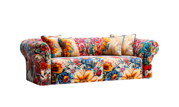 Boho sofa on flower pattern set isolated on a transparent background.