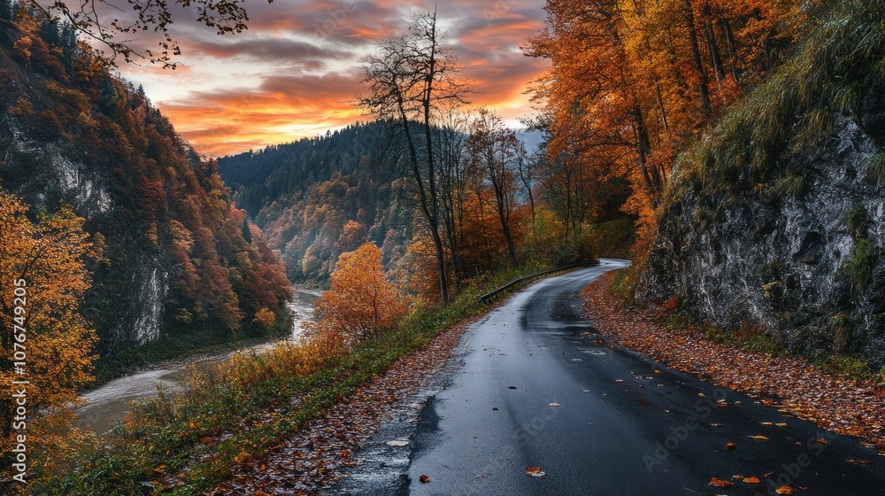 Poster a road with trees and a river in the background