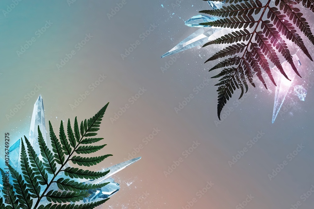 Poster vibrant minimalist cosmic gradient background with fern patterns and shimmering crystal effects