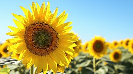 Close-up of a sunflower field under a bright blue sky, capturing the essence of summer