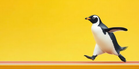 Fototapeta premium Adorable Penguin in Track Outfit Running with Joy Against a Bright Yellow Background Captivating the Spirit of Playfulness and Adventure