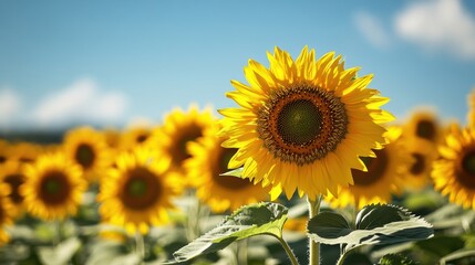 Fototapeta premium Close-up of a sunflower field under a bright blue sky, capturing the essence of summer