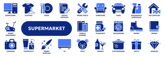 Set of vector solid icons related to supermarket product categories, retail, e-commerce and shopping. Symbols for website or app ui, logo design, illustration