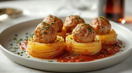 Meatballs with Spaghetti Nest and Tomato Sauce