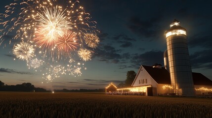 Grand Festival Fireworks at a rural farm, dark sky with massive fireworks exploding over the fields, lighting up the farmhouse and silo, Photorealistic