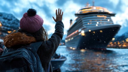 From the snowy shore, a warmly dressed traveler waves solemnly at a brightly lit cruise ship set against a cold, atmospheric, modern-day setting highlight travel themes.