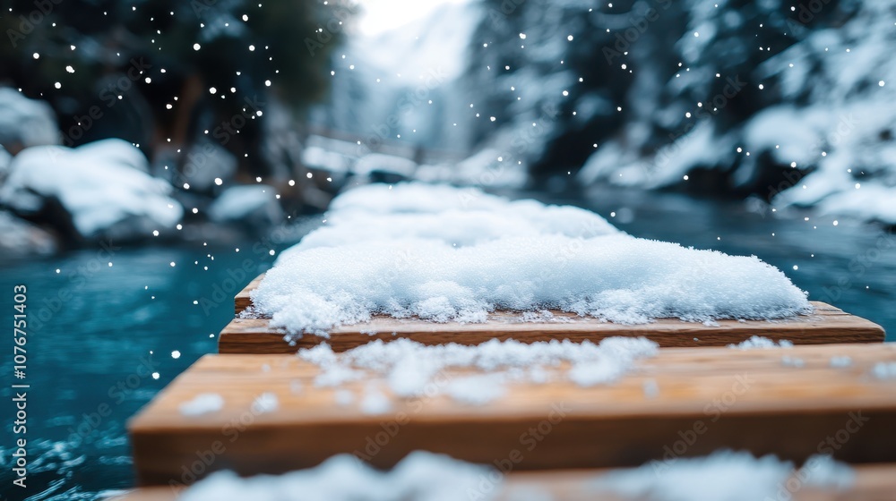 Wall mural Snowflakes gently fall upon a wooden pathway that meanders across a tranquil river, covered in a pristine layer of snow amidst a serene winter landscape.