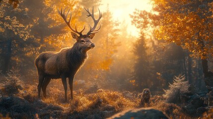 Majestic red deer stag stands in a golden autumn forest with sunlight filtering through the trees.