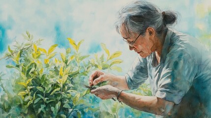 Fototapeta premium Watercolor Artwork Depicting a Woman Carefully Picking Fresh Herbs from a Garden Surrounded by Vibrant Green Leaves and a Soft Blue Background