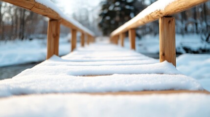 A simple wooden bridge in a winter setting, covered with snow, leading off into the distance with snow-laden trees and creating a tranquil atmosphere.