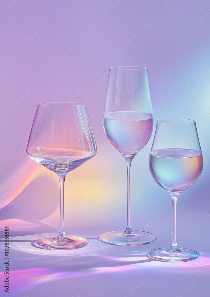 Poster three glasses of different shapes and sizes are arranged on a table
