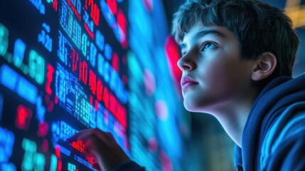Fototapeta premium Focused student analyzing scores on a digital score board in a modern learning environment, representing education, technology, and personal achievement