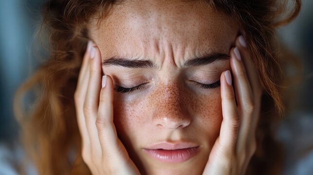 A stressed woman with freckles and curly hair furrows her brow, resting her hands on her temples, capturing a moment of deep emotional strain and tension.