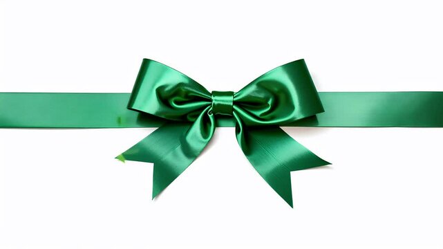 elegant green 4k satin bow ribbon emerald stripes olated white background video perfect holiday gift wrapping greeting cards New Year presents symbolizing festive elegance celebration banner corner
