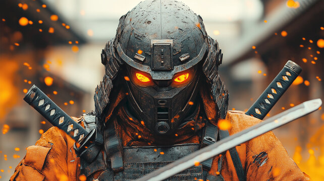 Futuristic cyberpunk samurai on the battlefield with sword.
