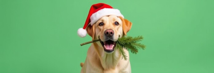A dog of the Labrador breed in a red Santa hat and a twig of spruce in his teeth on a monochromatic background