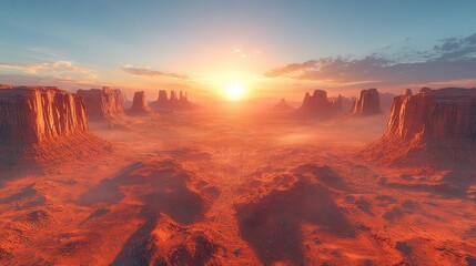 Sunset over a vast desert landscape with rugged formations.